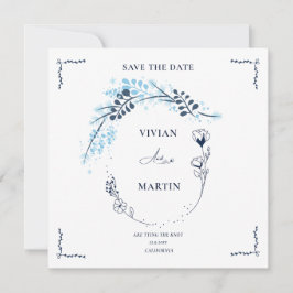 Elegant Navy Blue Monogram Floral Save the Date Einladung