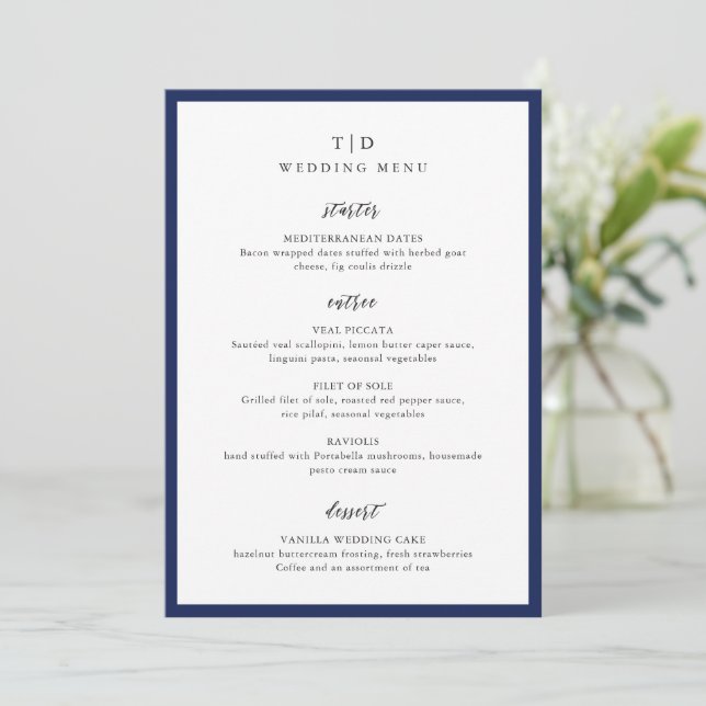 Elegant Navy Blue Monogram Modern Wedding Menükarte (Stehend Vorderseite)