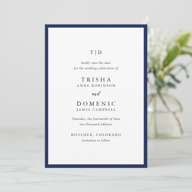 Elegant Navy Blue Monogram Modern Wedding Save The Date (Stehend Vorderseite)