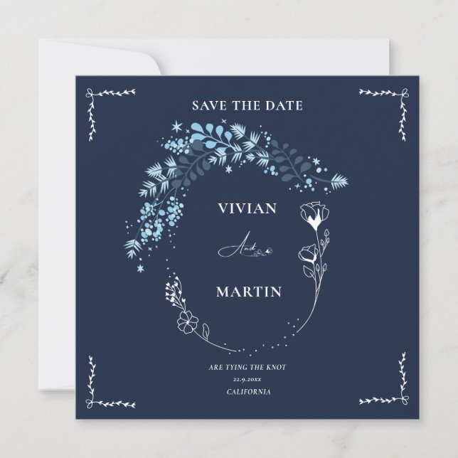 Elegant Navy BLue Monogram Save the Date Einladung (Vorderseite)
