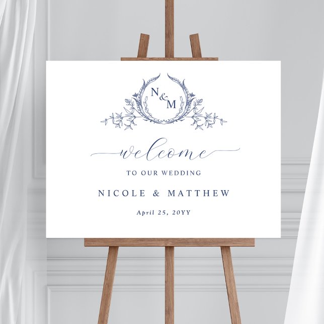 Elegant Navy Blue Monogram Wedding Welcome Sign Poster (Von Creator hochgeladen)