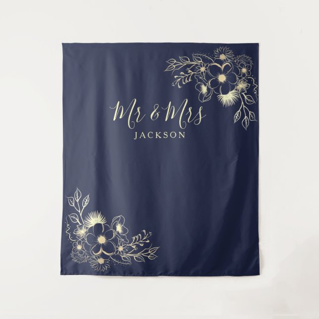 Elegant Navy Blue Mr. & Mrs. Wedding Backdrop Wandteppich (Vorderseite)