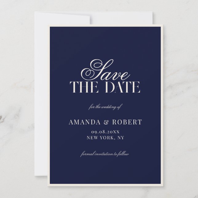 Elegant Navy Blue Old Money Wedding Save The Date (Vorderseite)