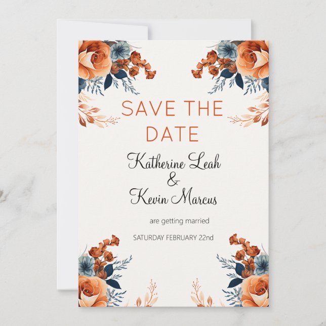 Elegant Navy Blue Orange Floral Save the Date Einladung (Vorderseite)