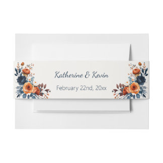 Elegant Navy Blue Orange Floral Wedding Einladungsbanderole