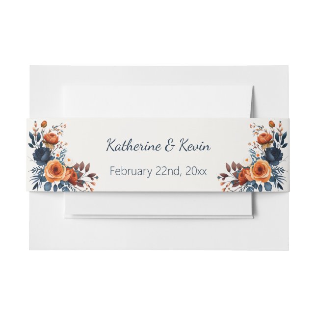 Elegant Navy Blue Orange Floral Wedding Einladungsbanderole (Vorderseite Beispiel)