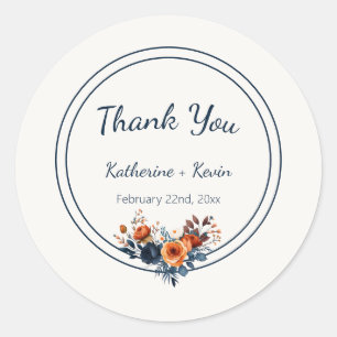 Elegant Navy Blue Orange Floral Wedding Runder Aufkleber