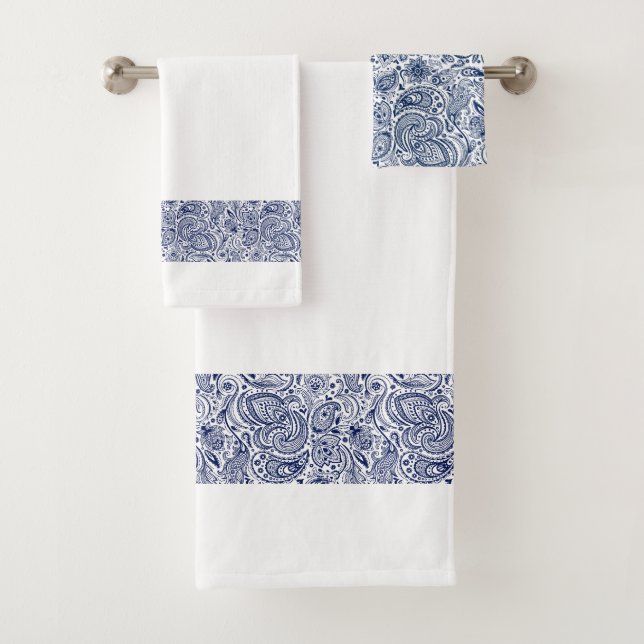 Elegant Navy-Blue Paisley Stripe Badhandtuch Set (Insitu)