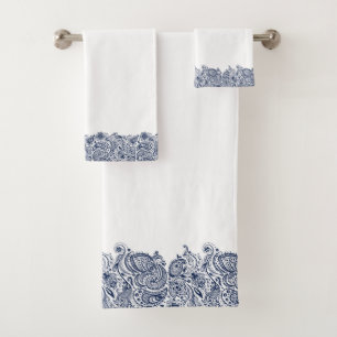 Elegant Navy-Blue Paisley Wirbel Lace Badhandtuch Set