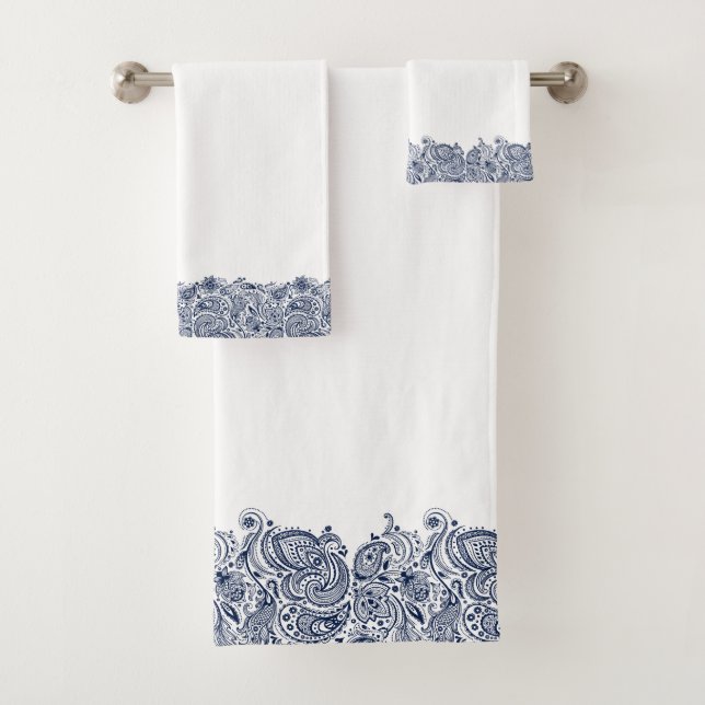 Elegant Navy-Blue Paisley Wirbel Lace Badhandtuch Set (Insitu)