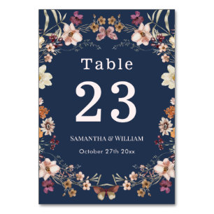 Elegant Navy Blue Pastel Wildblume Boho Wedding Tischnummer