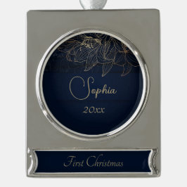 Elegant Navy Blue Personalisiert First Christmas Banner-Ornament Silber