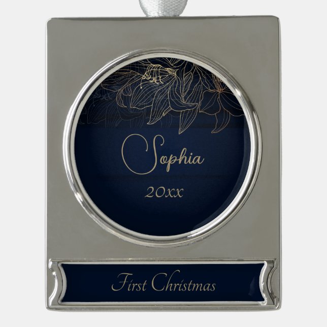Elegant Navy Blue Personalisiert First Christmas Banner-Ornament Silber (Vorderseite)