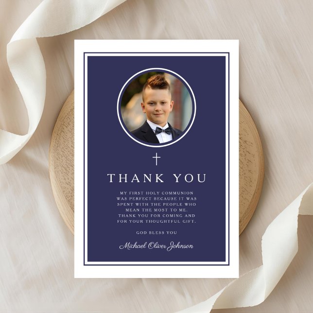Elegant Navy Blue Photo Boy First Communion Dankeskarte (Elegant Navy Blue Photo Boy First Communion Thank You Card)