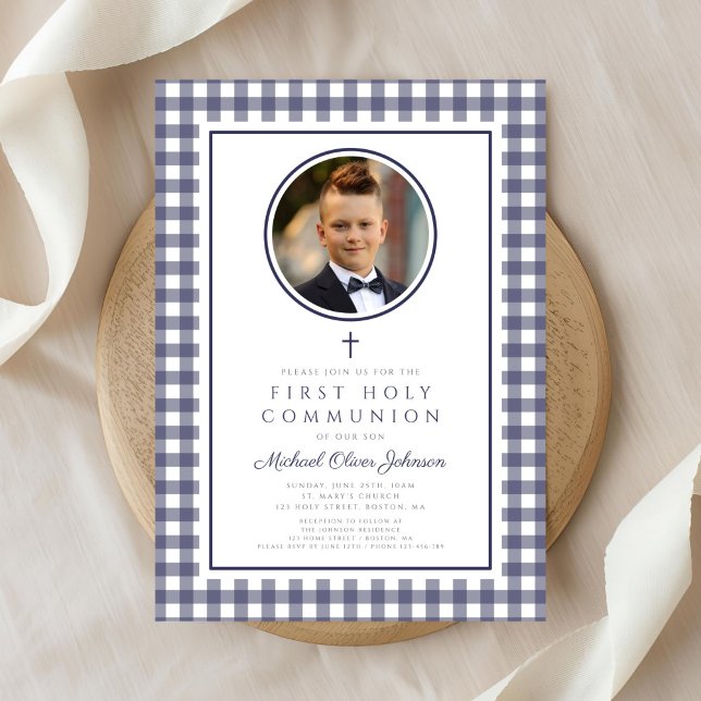 Elegant Navy Blue Photo Boy First Communion Einladung (Elegant Navy Blue Photo Boy First Communion Invitation)