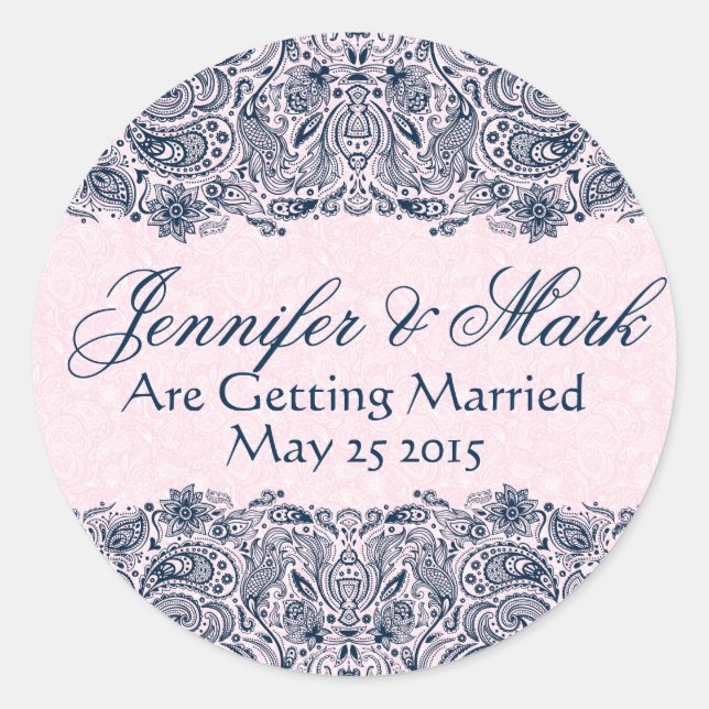 Elegant Navy Blue & Pinke Floral Paisley Lace Runder Aufkleber (Vorderseite)