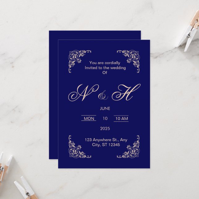 Elegant Navy Blue Pop Einladung zur Hochzeit (Vorderseite/Rückseite Beispiel)