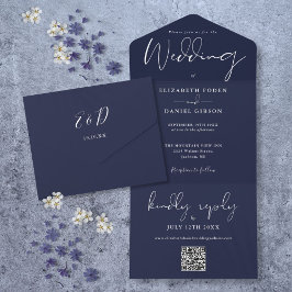 Elegant Navy Blue QR Code Monogram Wedding All In One Einladung