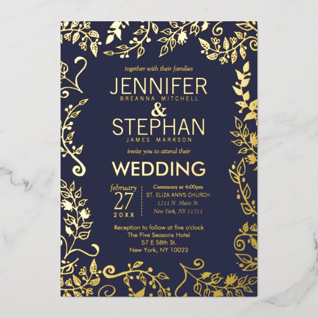 Elegant Navy Blue Real Gold Floral Wedding Folieneinladung (Vorderseite)