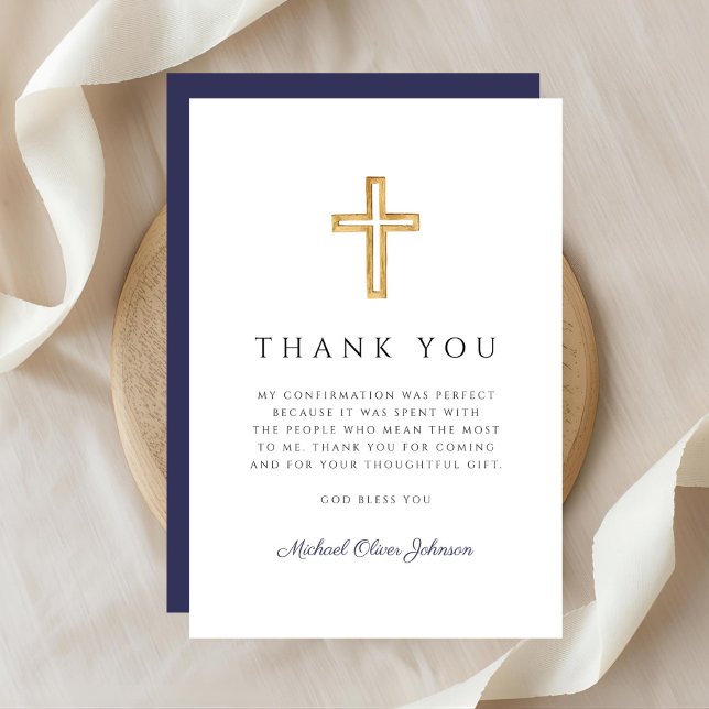 Elegant Navy Blue Religious Cross Confirmation Dankeskarte (Elegant Navy Blue Religious Cross Confirmation Thank You Card)