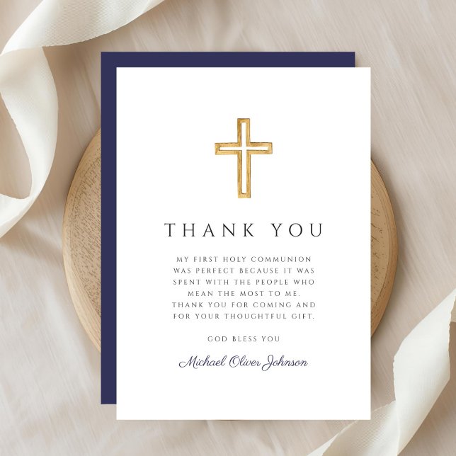 Elegant Navy Blue Religious Cross First Communion Dankeskarte (Elegant Navy Blue Religious Cross First Communion Thank You Card)