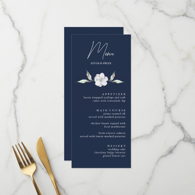 Elegant Navy BLue Rose Blumenkarten Menükarte (Vorderseite/Rückseite Beispiel)