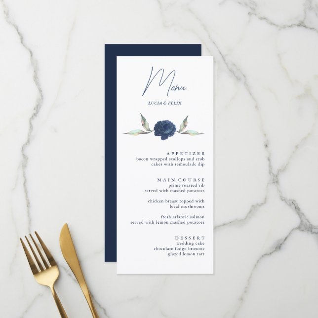 Elegant Navy BLue Rose Blumenkarten Menükarte (Vorderseite/Rückseite Beispiel)