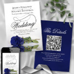 Elegant Navy Blue Rose Extravagant QR Code Hochzei Einladung<br><div class="desc">Diese wunderschöne Hochzeitseinladung zeigt ein wunderschönes Foto eines Single, eine lange stemmte marineblaue Rose, die auf der Seite liegt und in einem Wasserbecken mit Wellen und Wellen reflektiert. Das Design verfügt über ein extravagantes Kalligraphieskript mit einem langen, lockigen Schwanz, was es sowohl modern als auch klassisch macht. Elegante, raffinierte und...</div>