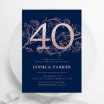 Elegant Navy Blue Rose Gold 40. Geburtstag Einladung<br><div class="desc">Elegante marineblaue Rose Gold 40. Geburtstag Party Einladung. Individuell anpassbares modernes feminines Design mit Rose botanischen Akzenten und Imitaten Glitzer Rose Gold. Einfache florale Einladungskarte perfekt für eine stilvolle Damenfeier. Personalisieren Sie Ihre persönlichen Daten. Gedruckte Zazzle Einladungen oder Sofortdownload digitalen druckbaren Vorlage.</div>