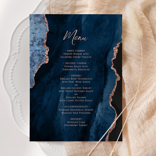 Elegant Navy Blue Rose Gold Agate Wedding Menu Menükarte (Von Creator hochgeladen)