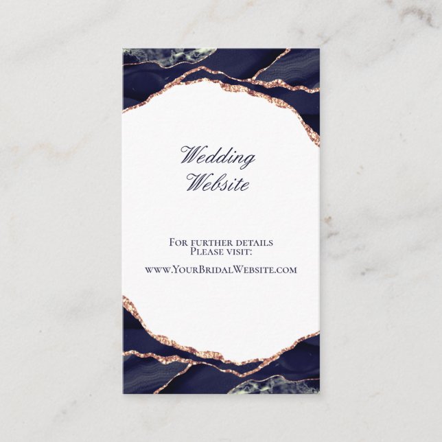 Elegant Navy Blue Rose Gold Agate Wedding Website Begleitkarte (Vorderseite)