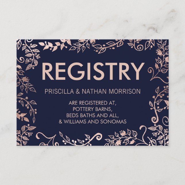 Elegant Navy Blue Rose Gold Floral Geschenkkartei Begleitkarte (Vorderseite)