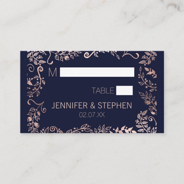 Elegant Navy Blue Rose Gold Floral Platzkarte (Vorderseite)