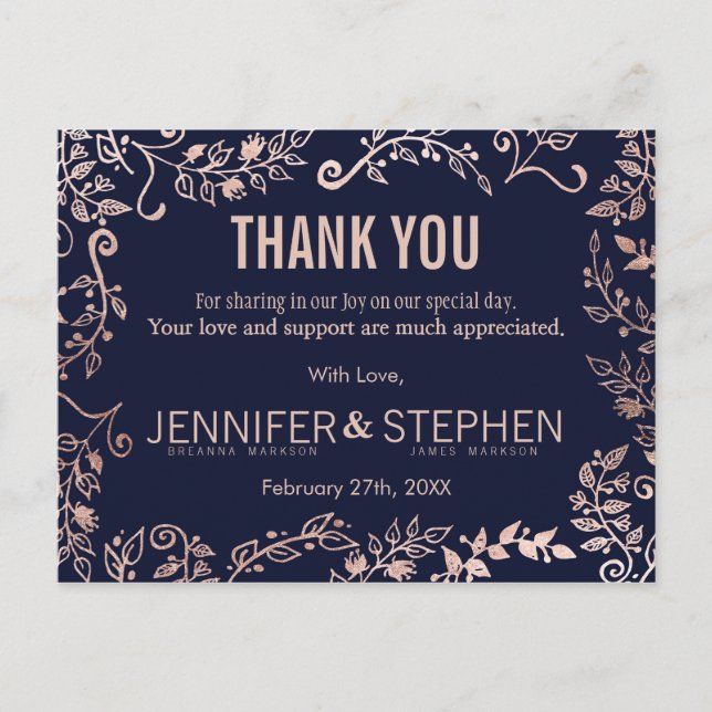 Elegant Navy Blue Rose Gold Floral Vielen Dank Postkarte (Vorderseite)