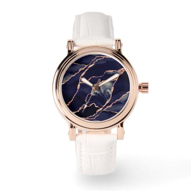 Elegant Navy Blue Rose Gold Foil Agate Armbanduhr (Vorderseite)