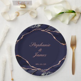 Elegant Navy Blue Rose Gold Foil Agate Wedding Pappteller