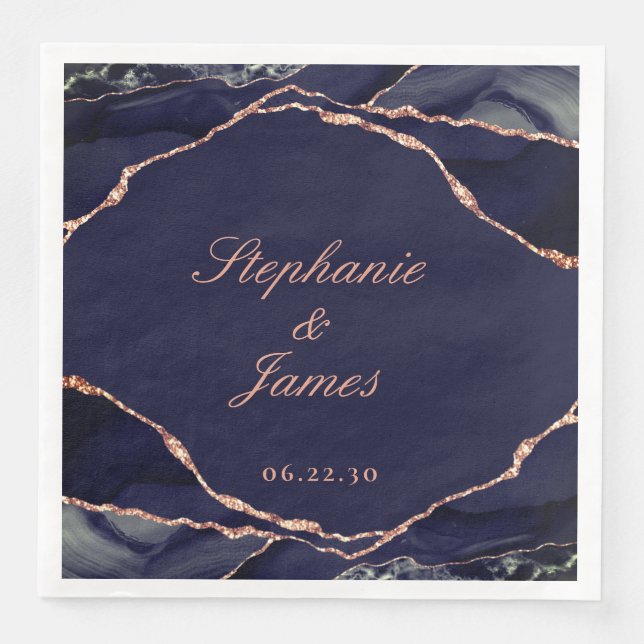 Elegant Navy Blue Rose Gold Foil Agate Wedding Serviette (Vorderseite)