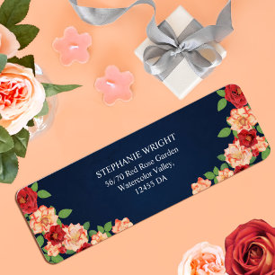 Elegant Navy Blue Rote Rose Floral Wedding Address