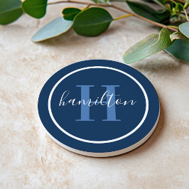 Elegant Navy Blue Round Custom Monogram Initial Getränkeuntersetzer