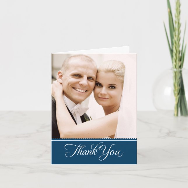 Elegant Navy Blue Scalloped Wedding Foto Dankeskarte (Vorderseite)