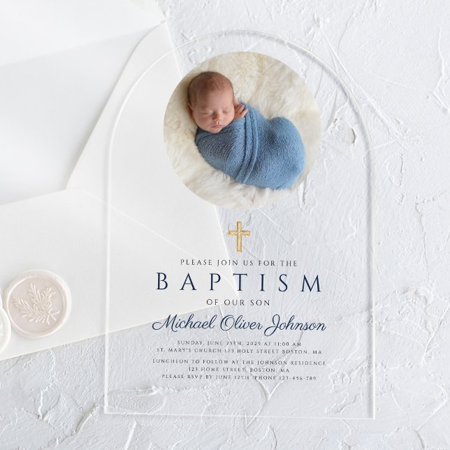 Elegant Navy Blue Script Boy Foto Taufe Acryleinladungen (Elegant Navy Blue Script Boy Photo Baptism Acrylic Invitations)