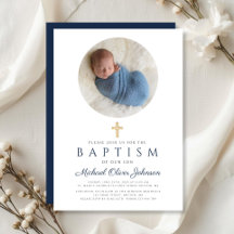 Elegant Navy Blue Script Boy Foto Taufe