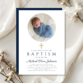 Elegant Navy Blue Script Boy Foto Taufe Einladung