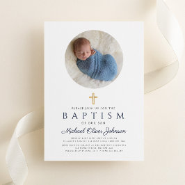 Elegant Navy Blue Script Boy Foto Taufe Einladung
