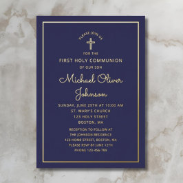 Elegant Navy Blue Script First Communion Gold Folieneinladung