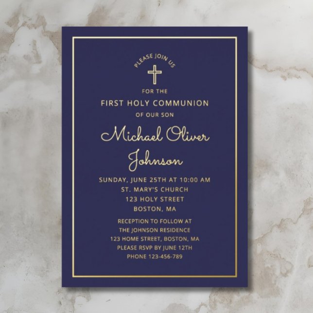 Elegant Navy Blue Script First Communion Gold Folieneinladung (Elegant Navy Blue Script First Communion Gold Foil Invitation)