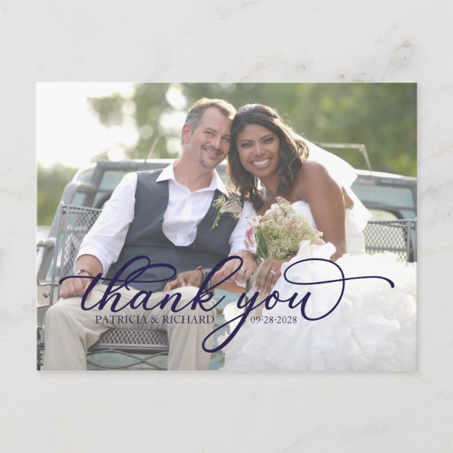Elegant Navy Blue Script Foto Danke Postcard Postkarte (Vorderseite)