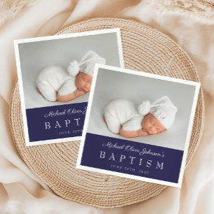 Elegant Navy Blue Script Foto Taufe Serviette