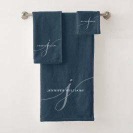Elegant Navy Blue Script Monogram Typografy Badhandtuch Set