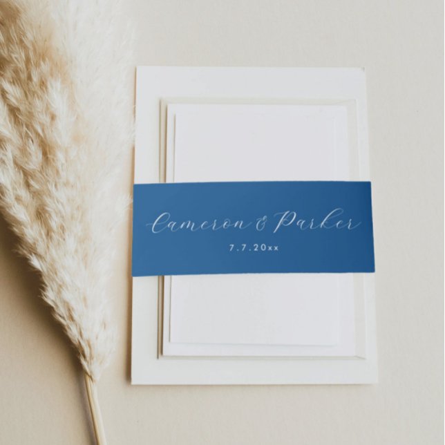 Elegant Navy Blue Script Names Wedding Einladungsbanderole (Navy Blue Script Belly Band to match the Oyster Collection from Concertina Press)